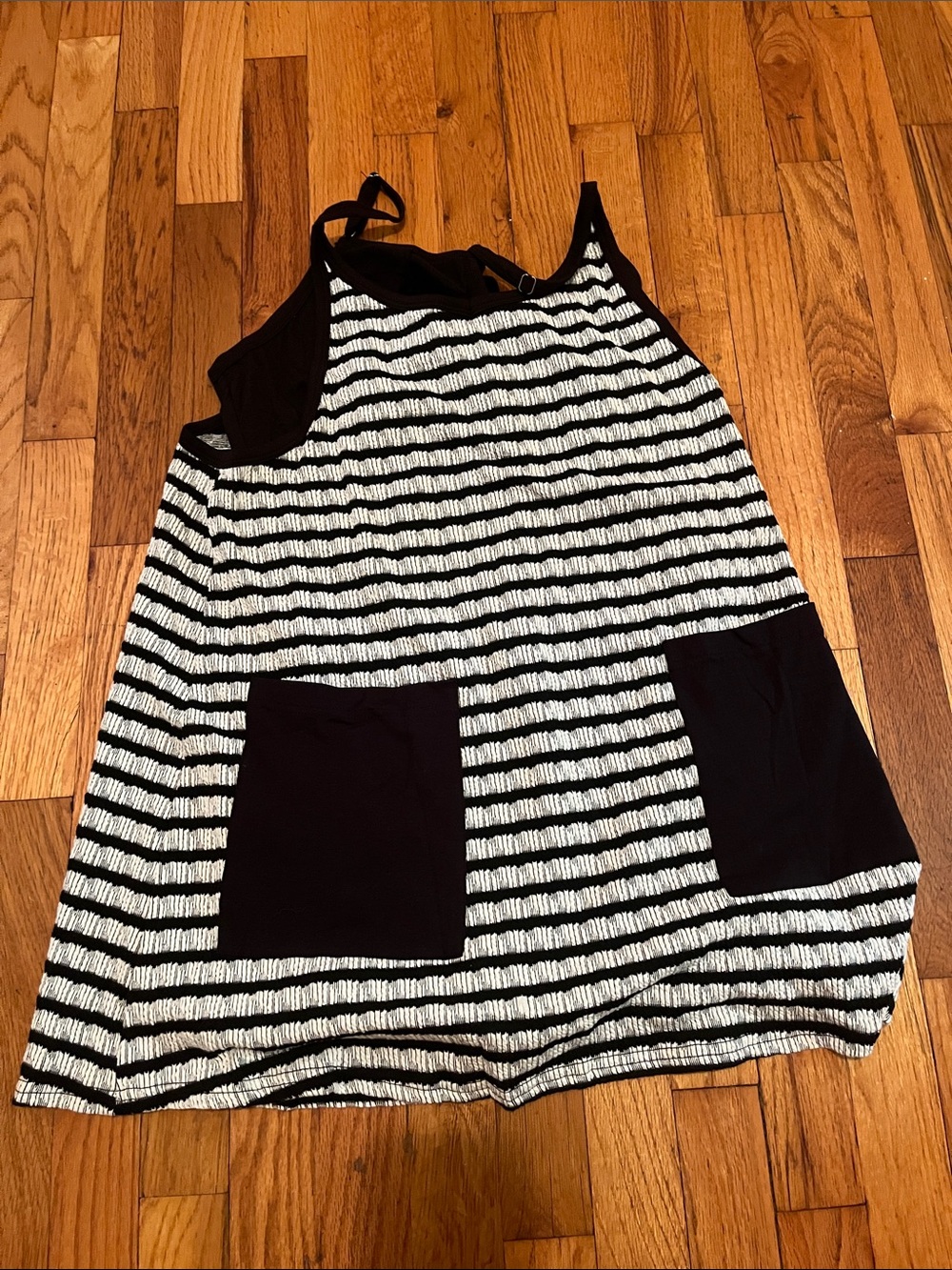 Women’s Black and White Striped Tank Dress Top with Pockets